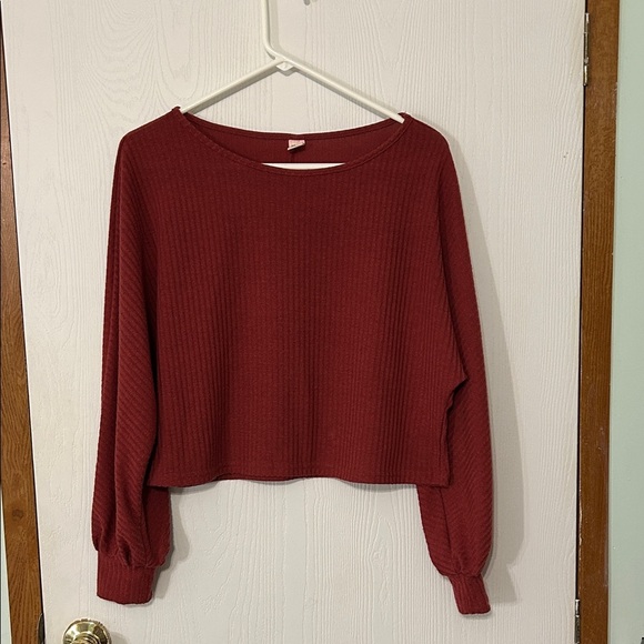 Rust Colored Ribbed Long Sleeve Cropped Top - Picture 1 of 5